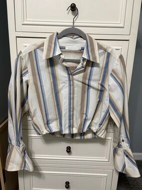Jonathan Simkhai Blue, Brown & White Striped Cropped Button-Down Shirt